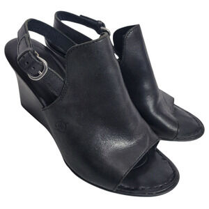 Born Bevi Wedge Heel Black Open Toe Leather Slingback Comfort Cushioned Buckle 7